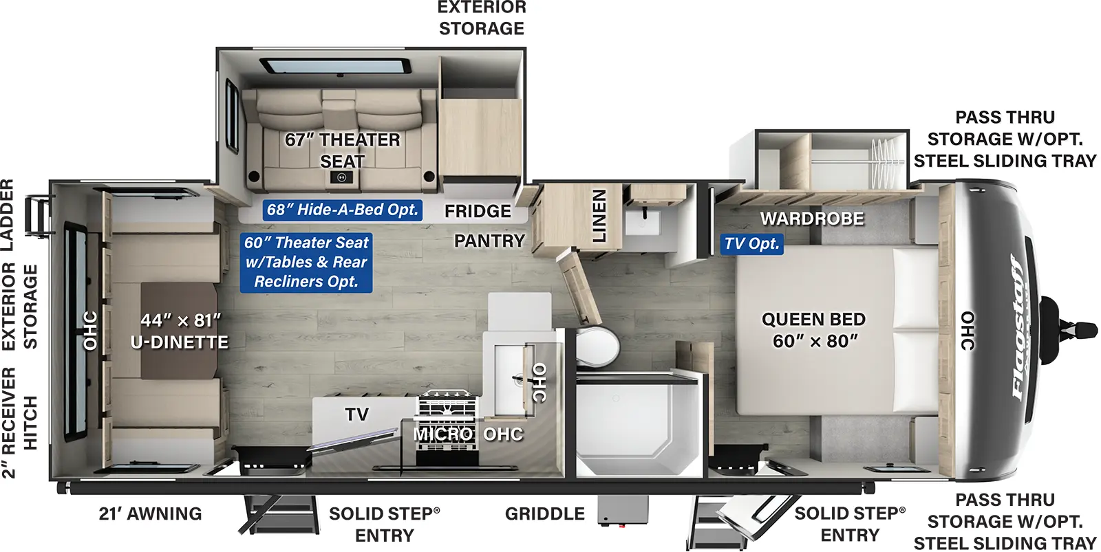 The Flagstaff Super Lite Travel Trailers 26SRD has one entry and two slide outs. Exterior features include: fiberglass exterior and 21' awning. Interiors features include: u-dinette, front bedroom and pass through bathroom.